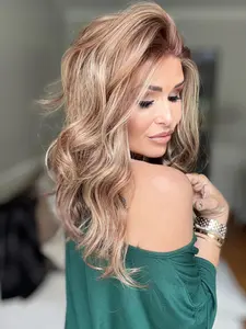 MACA BAKA Emma Honey Brown Blonde Highlight Lace Front Wig with Scandinavian Hairline Low Density 14 Inches Short Wavy HD Synthetic Lace Front Wigs for Women Pre Plucked