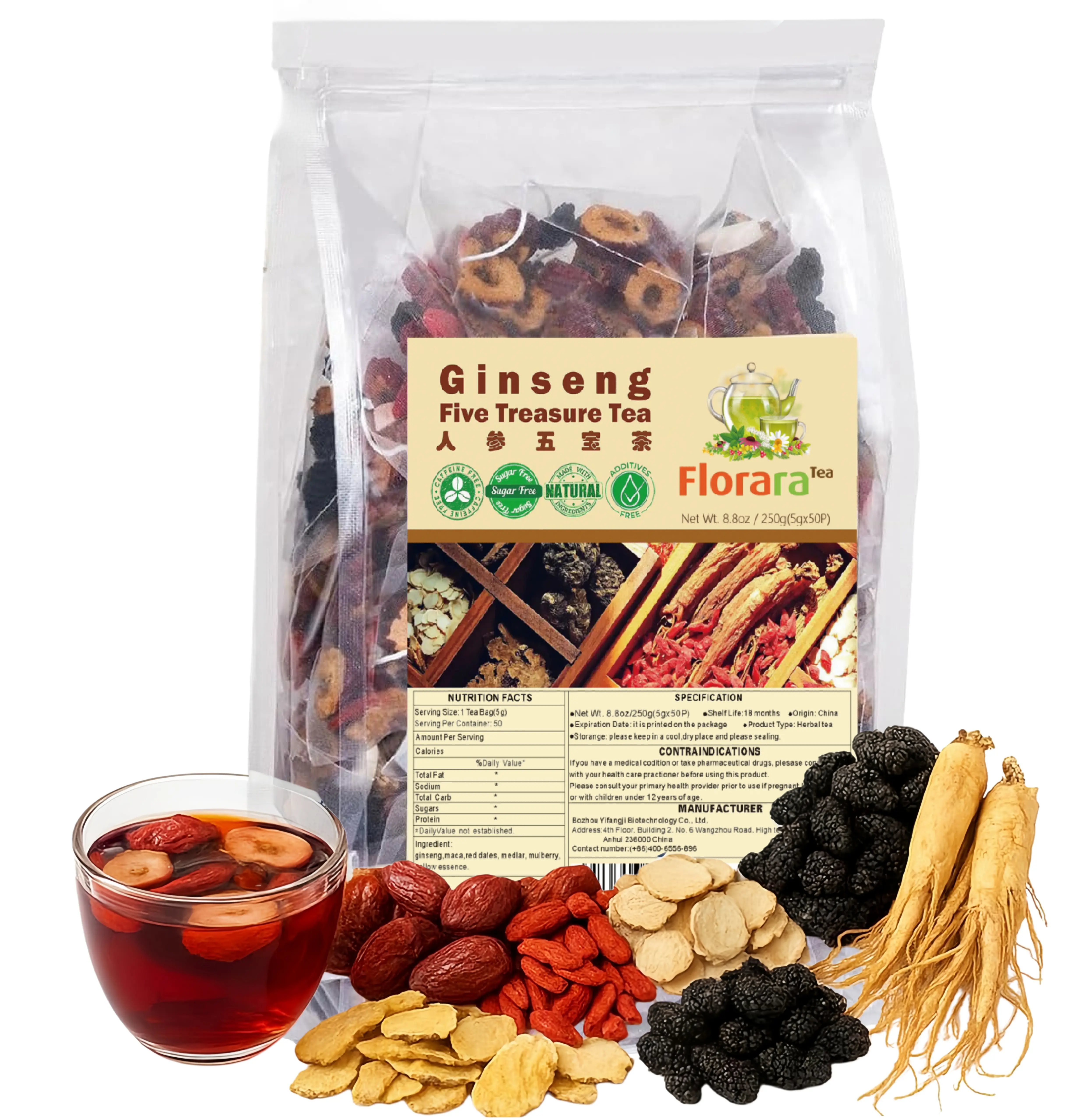 Kidney Tea Formula Ginseng Five Treasure Tea Combination Scented Tea, 6 Precious Ingredients Formula Natural Herbal Beverage for Men and Women