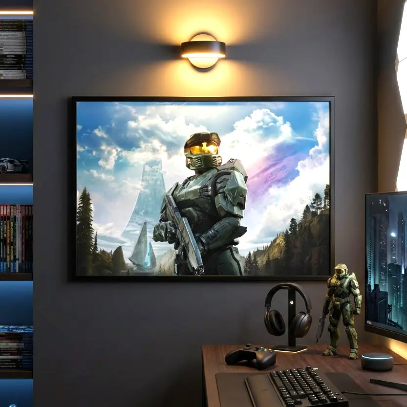 Halo Master Chief Canvas Poster Gaming Artworks High-Quality Canvas Print Video Game Wall Decor Gamer Gifts Solid Wood Frame Waterproof Design Artistic Elegance All-Scene Versatility