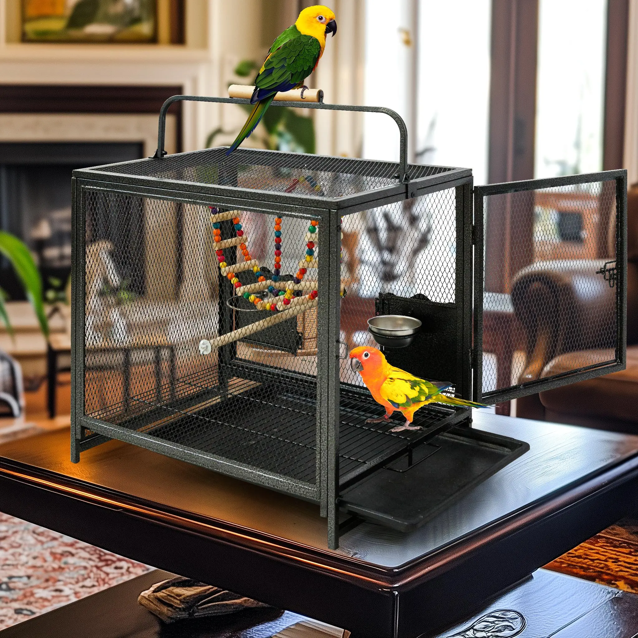 Bingopaw Bird Cage with Wooden Handle, Large Metal Bird Carrier for Parrots & Small Birds, Heavy Duty Iron Bird Cage with Food Bowls, Swing & Tray