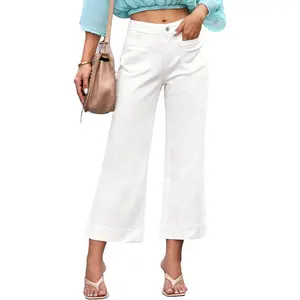 Women's High‑Waisted Flared Cropped Wide‑Leg Jeans, Elastic Patch Pocket Casual Pants For Spring Summer Daily Outfit