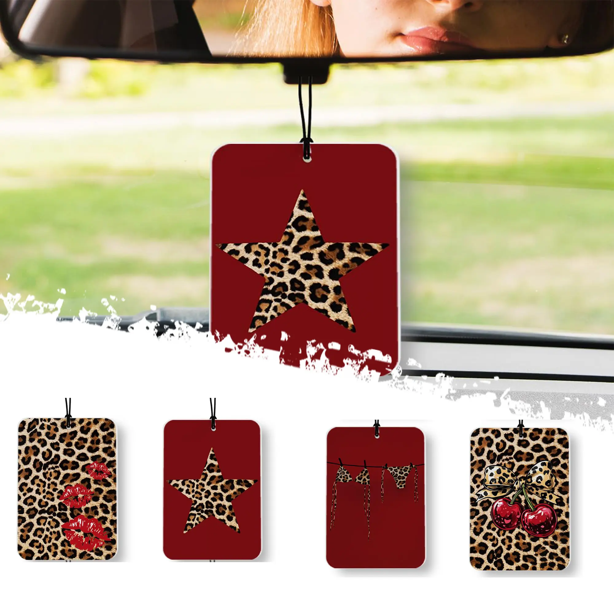 DIBMS Red Leopard Print Car Air Freshener 4 Pcs, Trendy Funky Y2k Girly Cheetah Print Lips Star Cherry Air Freshener Hanging Decor for Cars Closet Drawer Books Accessories Gifts