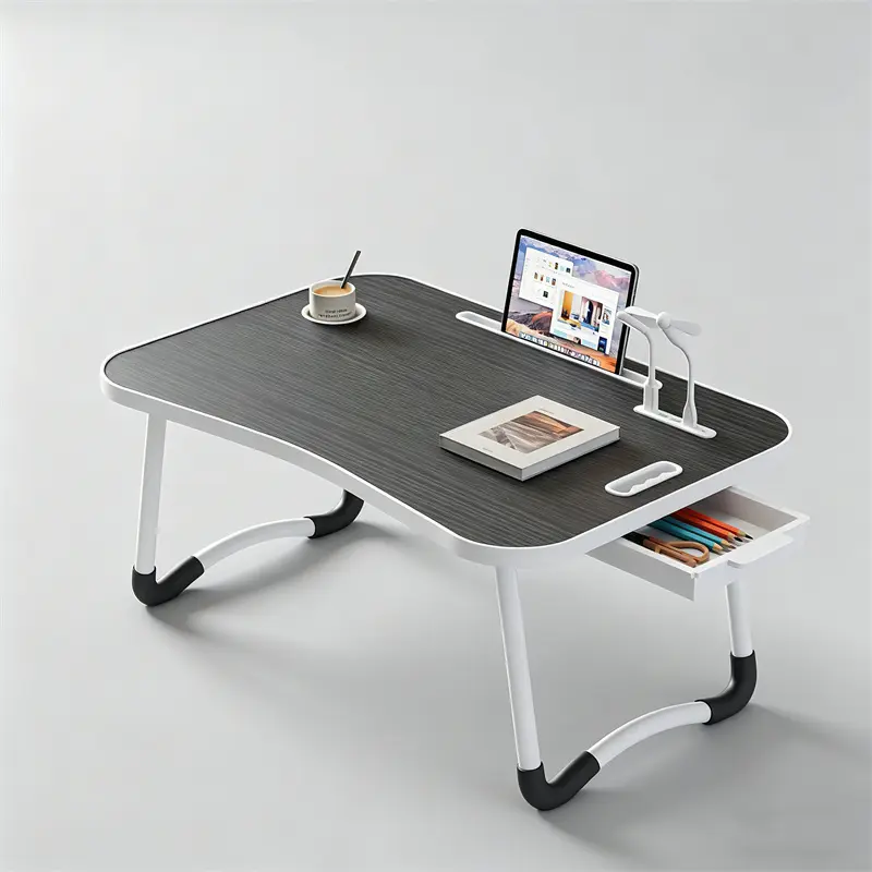 Black Foldable Lap Desk with 4 USB Ports, Storage Drawer, Cup Holder - Durable Multi-Purpose Computer Desk with Ergonomic Base, Adjustable Portable Table for Bed, Couch, Floor (1 Size)