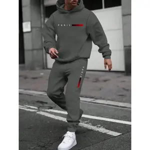 Men's Two-piece Set of Printed Hooded Sweatshirt with Drawstring Waist and Sweatpants Clothes Tops