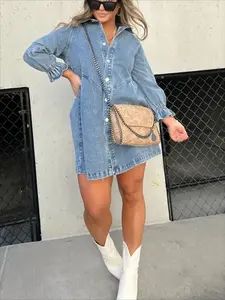 Midiross Washed Denim Puff Sleeve Mini Dress – Short-Length Collared Button Down with Ruffle Hem & Matte Silver Buttons - Casual Women's Fashion Pleats