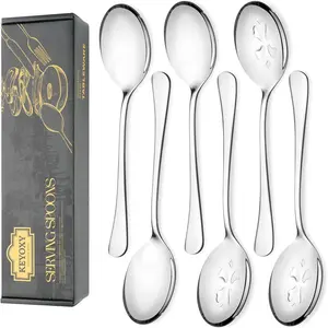 6 Piece Stainless Steel Serving Spoon Set - 3 Large, 3 Slotted,Dishwasher Safe,10-Inch,for Parties/Kitchen/Buffet/Catering
