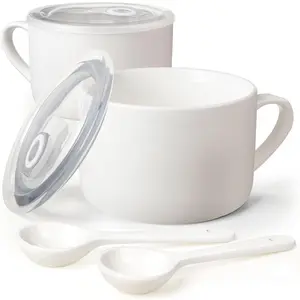 Soup Bowls with Handles & Spoons, 30oz Ceramic Ramen Bowl with Lid, Large Soup Mugs/Cups for  Noodle, Big Cereal Bowls for Oatmeal, Soup Containers with , Set of 2, White