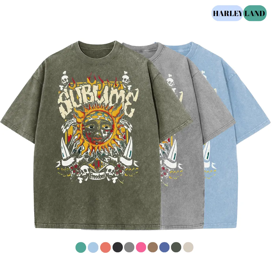 Women's Acid Wash T-Shirt, Vintage Sun Graphic in Heavyweight Cotton, Baggy Fit with Round Neck