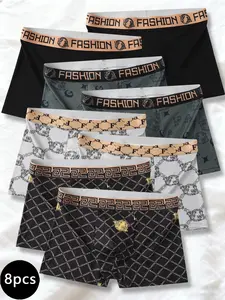 Men's Luxury Gold Fashion Retro Print Boyshorts, Comfortable Breathable All-Season Trunk, 8-Pack Casual Outdoor Sports Underwear