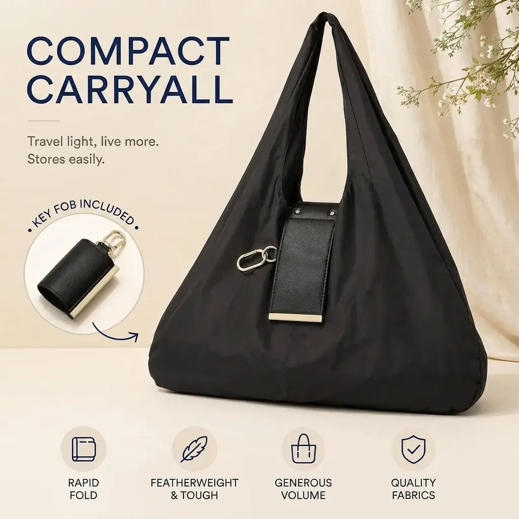 Compact Foldable Keychain Tote Bag, Expandable Reusable Grocery Shopping Bag with Key Ring, Portable Carryall for Travel, Daily Errands & On-the-Go Use