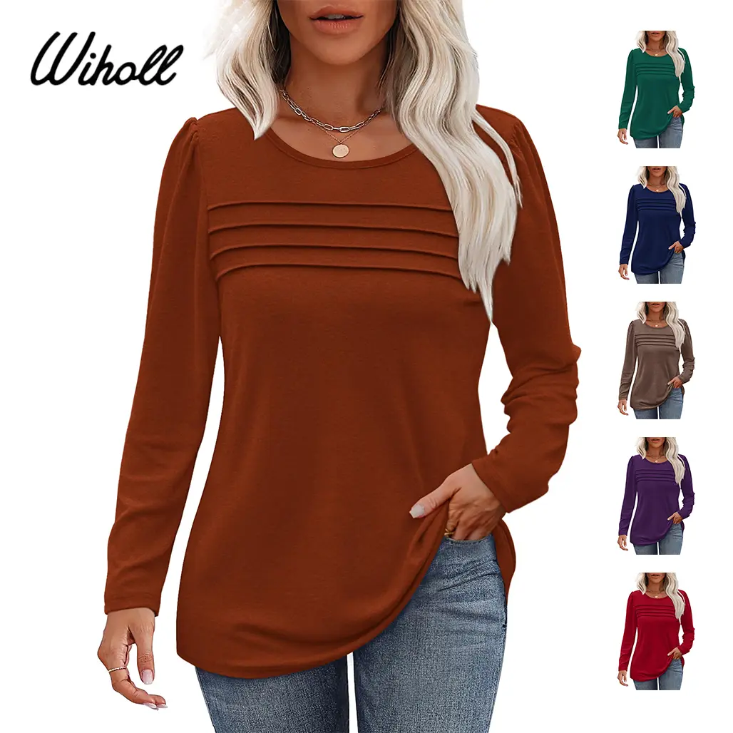 WIHOLL Women's Essential Long-Sleeve Basic Blouse - 2025 Fall Lightweight Nutmeg Brown Aesthetic Pleated Tunic Top, Pleated Chest Adds Subtle Texture, Round Neck, Modest Minimalist Wardrobe Staple, Polished for Office Mornings, Dressy Casual for Leggings