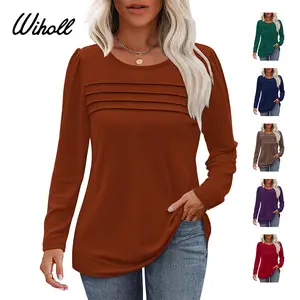 WIHOLL FASHION Long Sleeve Shirts for Women Fall 2025 Dressy Casual Blouses Trendy Pleated Tunic Tops in Caramel Color for Leggings