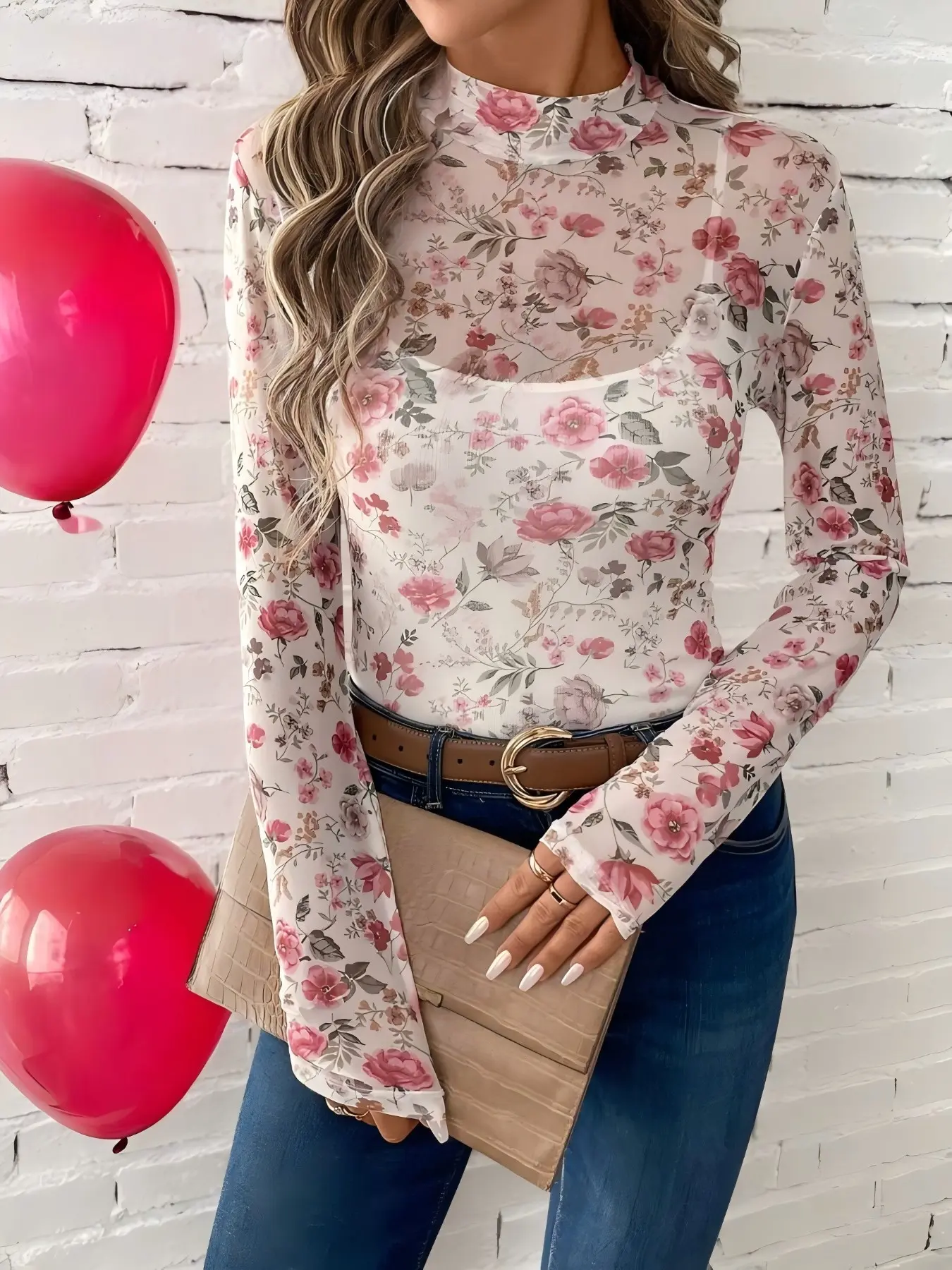 Women's High Neck Long Sleeve Top, Casual Blouse, Elastic Mesh Boho Floral Printed, Bodycon Fit, Perfect for New Year's Eve, Casual Fashion, Casual Boho Blouses, Casual Boho Soft, Casual Everyday Top, All Seasons Blouse, Boho Clothing