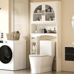 AHB Over The Toilet Storage Cabinet, Bathroom Space Saver Above Washer with Anti-Tip Device, Over Toilet Bathroom Organizers with Adjustable Shelf and Glass Doors