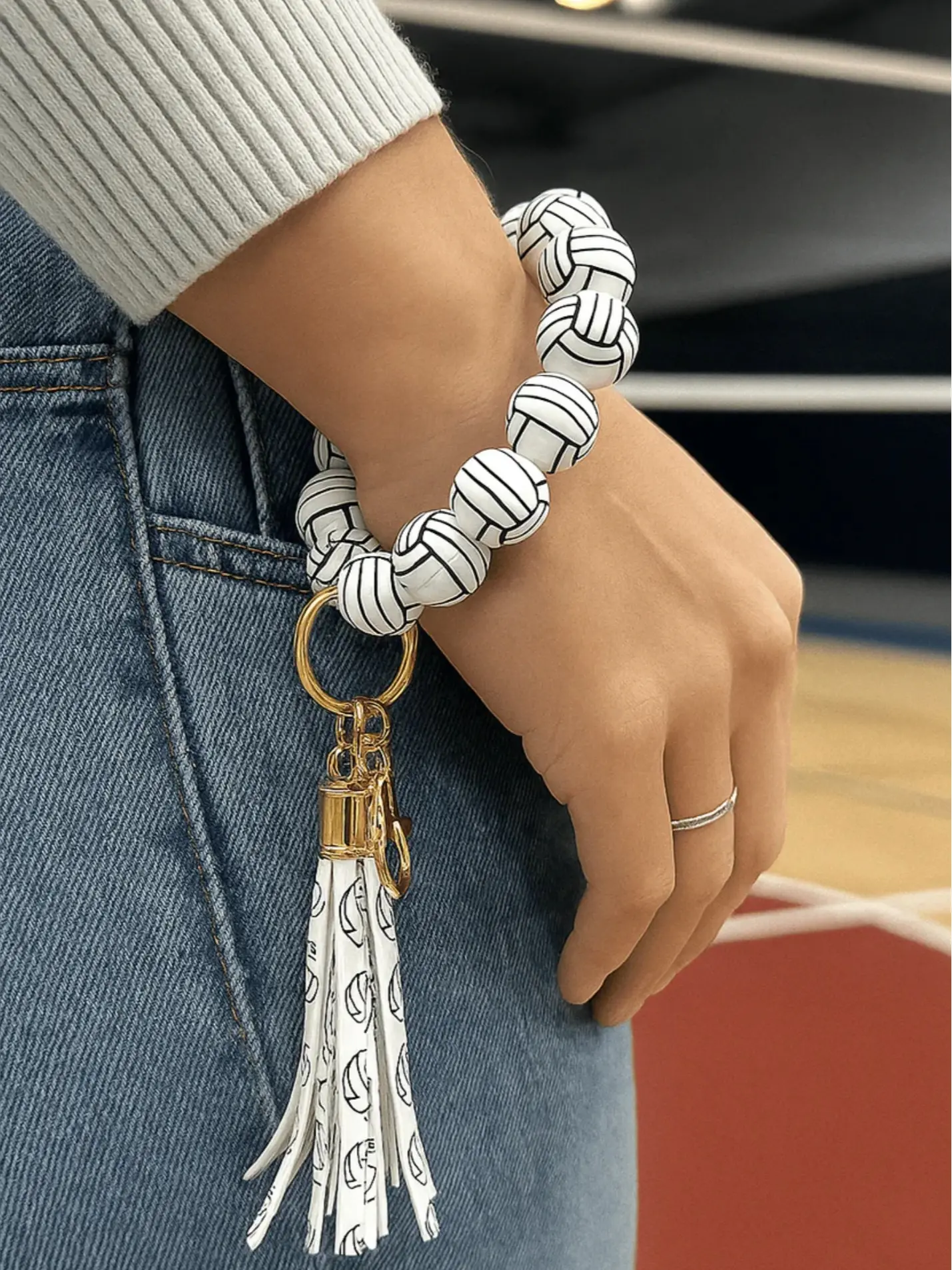 VidaVibe Volleyball Wristlet Keychain with Beaded Design and Tassel Detail