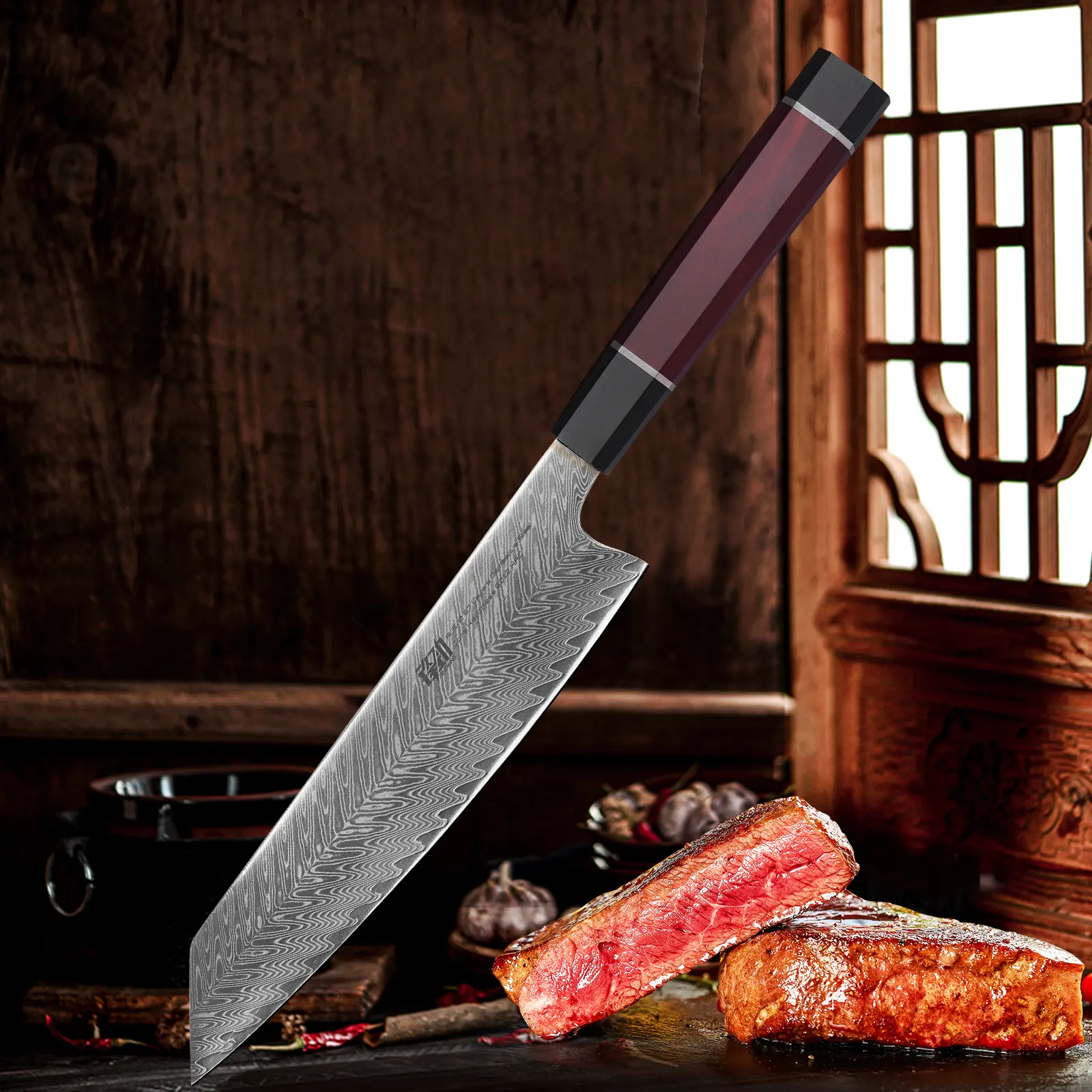 FINDKING Samurai Series 9-Inch Kiritsuke Knife - Razor-Sharp AUS-10 Damascus Steel Blade, Stainless Steel Resists Kitchen Wear, Professional Kitchen Cutlery for Precise Cuts, Precise Dicing