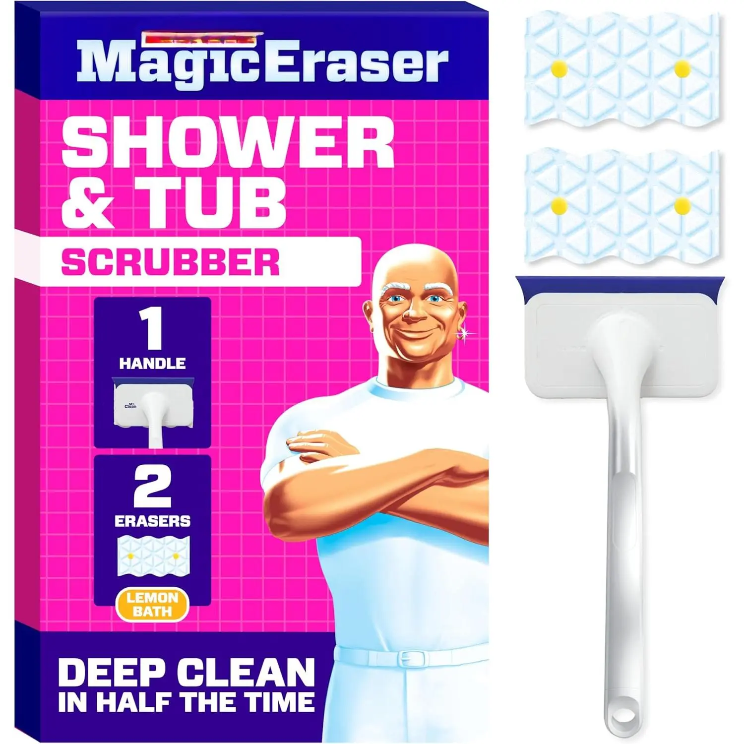 Magic Eraser Shower & Tub Scrubber, Bathroom Cleaner, All in One Bathroom Cleaner, Lemon Starter Kit, 1 Scrubber & 2 Foaming Magic Erasers