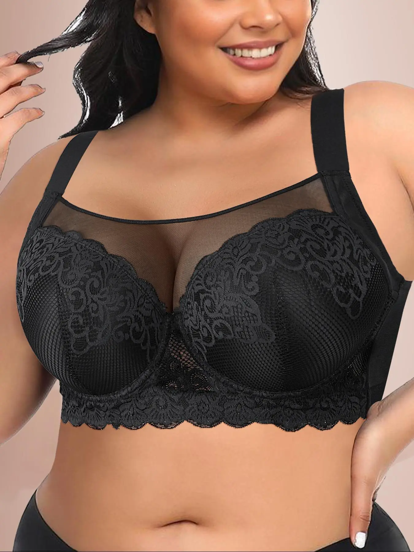 [Plus Size] Sexy Lace Underwire Bralette, Women's Solid Color Wider Shoulder Straps Push Up Bra, Soft Comfy Breathable Lingerie for All Seasons, Womenswear, Lace Brassiere Fit