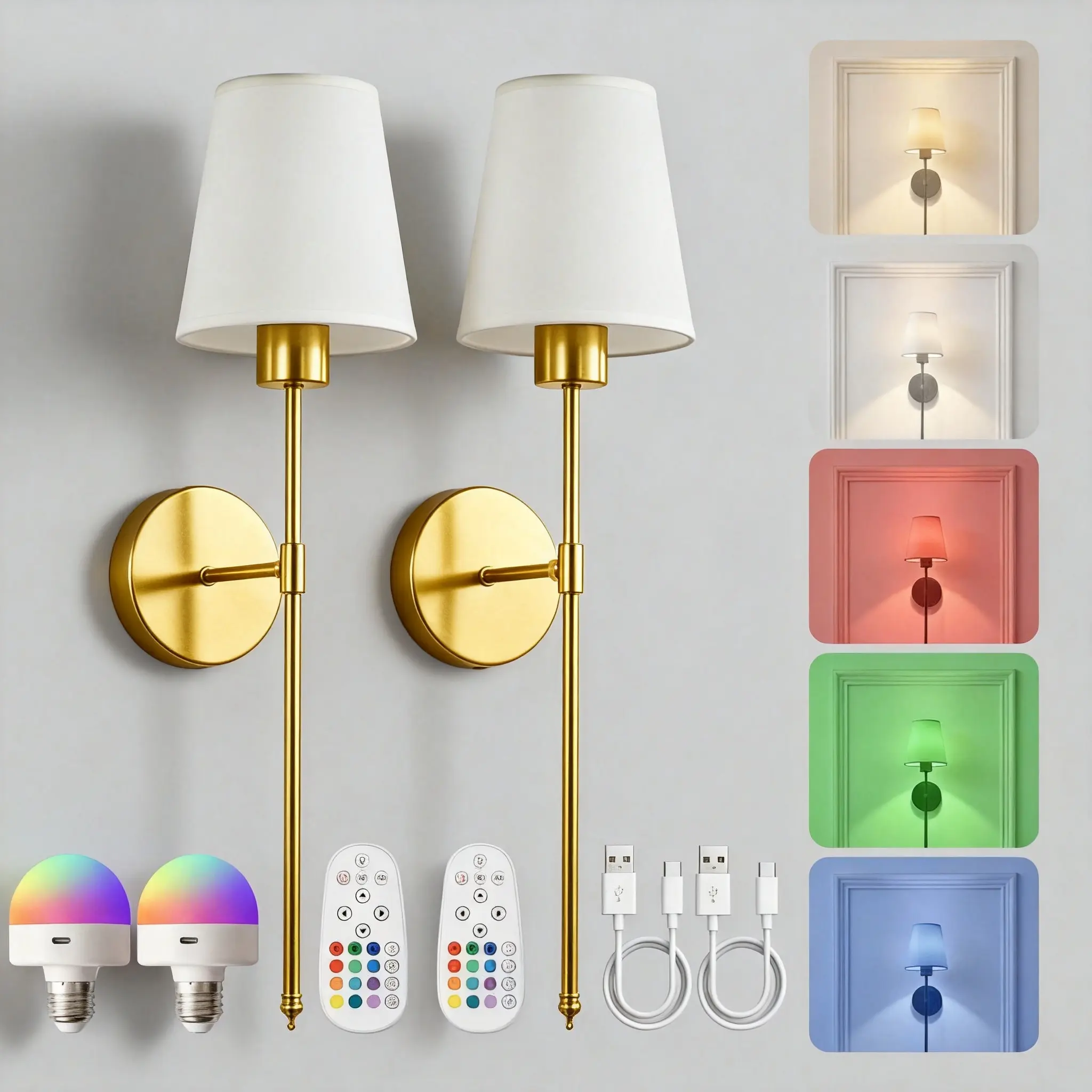 2-Pack Wireless Wall Sconces - Rechargeable Battery Operated, Remote-Controlled, RGB Color Changing & Dimmable LED Wall Lights for Bedroom, Living Room, Hallway (Gold/Black) | Home Improvement Lighting