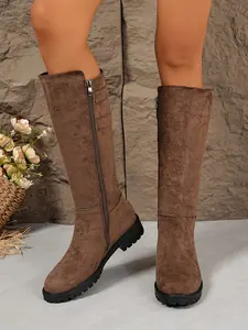 Women's Plain Mid-Calf Boots, Dual Buckle Low Heel, Vintage Metal Buckle Design, Soft Suede, Comfortable All-Day Wear, Fall & Winter, Western Boots