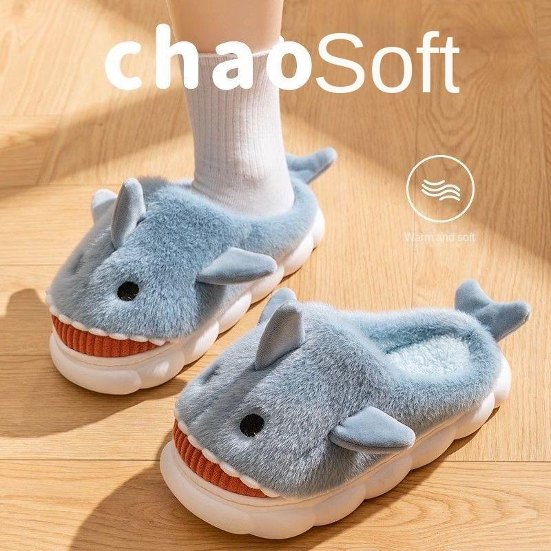 Cotton Slippers for Women Winter  Shark Cartoon Cute Fleece Lined Thick Anti-Slip Quiet Indoor Warm Cotton Shoes