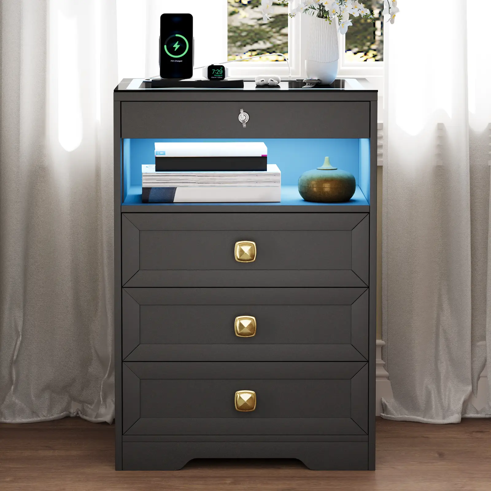Lvifur Smart LED Nightstand with Lockable Gun Drawer & Glass Top Modern Bedside Table with Charging Station and Hidden Storage, LED Night Stand with 4 Drawers & Motion Sensor for Bedroom
