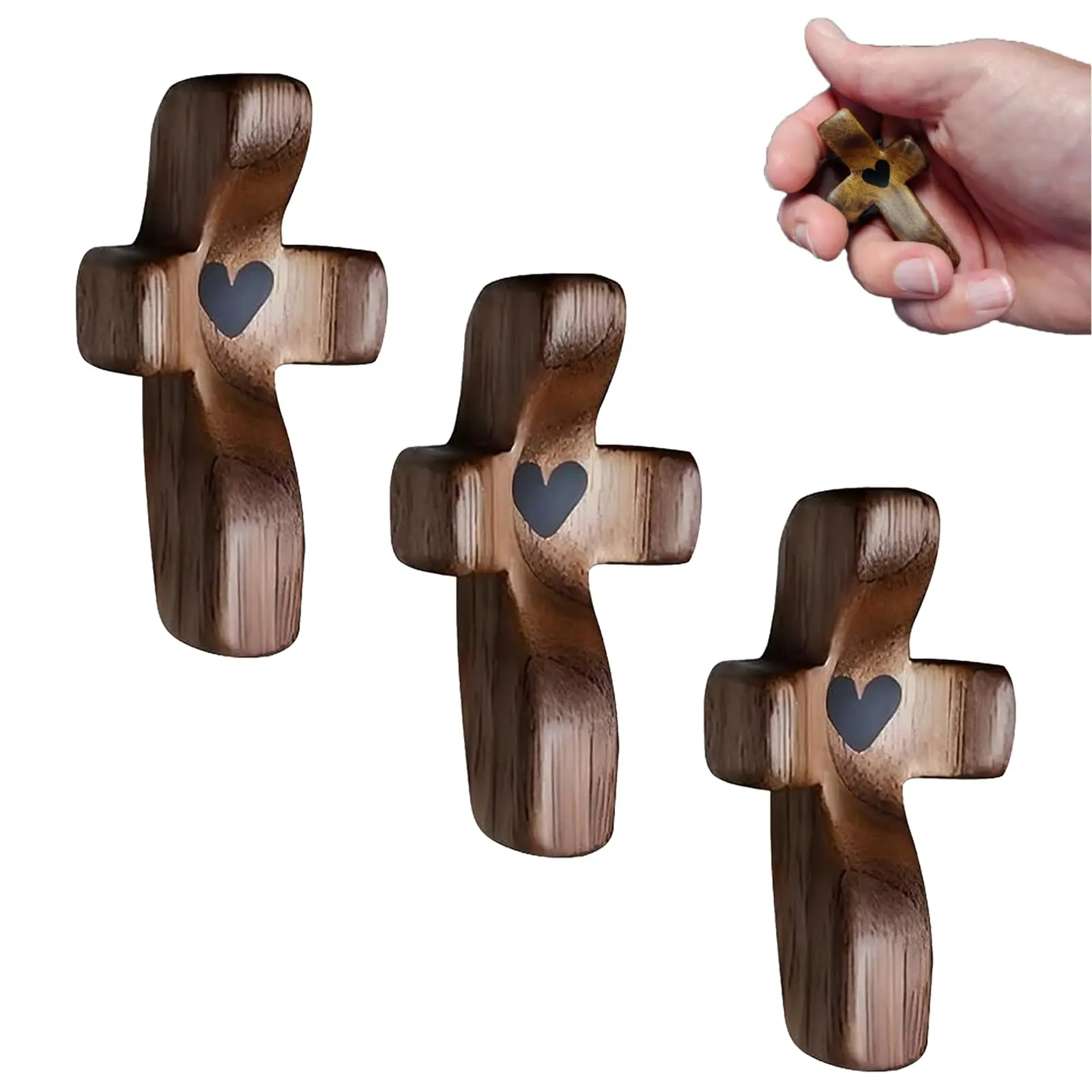 Christian 3-Piece Pocket-Size Olive Wood Handheld Prayer Cross Set - Wooden Religious Decor, Relaxation Tool, Room Accessory, Stress & Anxiety Relief Gift for Loved Ones