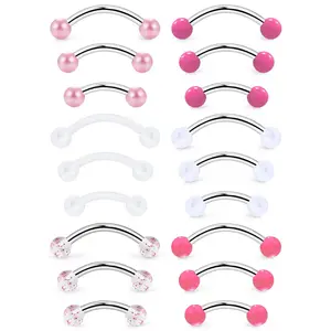 18-Piece Pink Themed Curved Barbell Piercing Set, Multi-Style Eyebrow & Lip Rings with Solid Pink, Glitter & Clear Acrylic Tops, Metal & Transparent Piercing Jewelry for Delicate & Edgy Styling