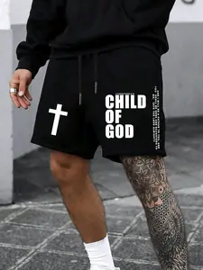 Men's 'god's Child' Cross Shorts, Christian Street Style Casual Pants, Loose-Fitting Drawstring Waist, Graphic H-Type Design