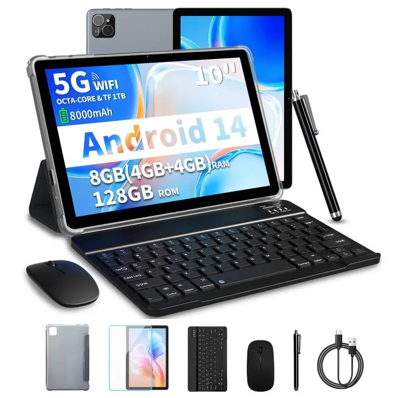 10 Inch Android Tablet with 5G WiFi, 8GB RAM, 128GB ROM, 8000mAh Battery, Octa-Core Processor, Includes Keyboard, Mouse, Pen, and Accessories