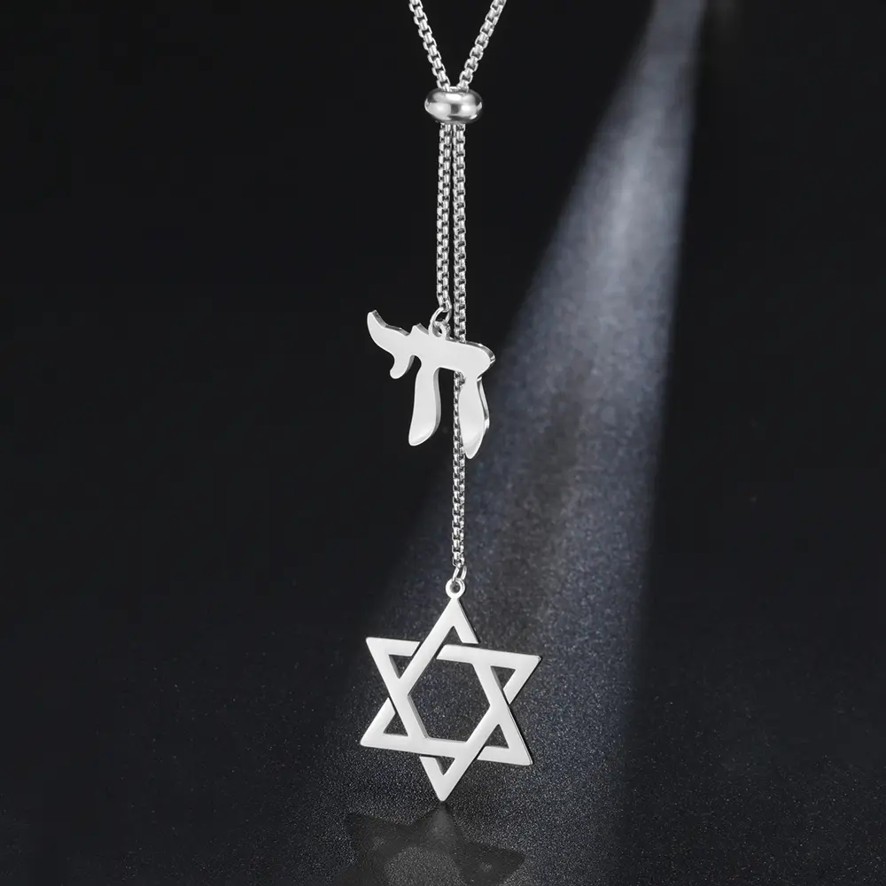 Unisex 316L Stainless Steel Long Chain Necklace - Star of David, Chai Letter Pendants, Metal Coating, Crystal Accent Jewish Symbol Jewelry for Everyday Use, Unisex Wear, Daily, Elegant, Faith Style Necklaces, Religious Pendant, Necklaces For Women