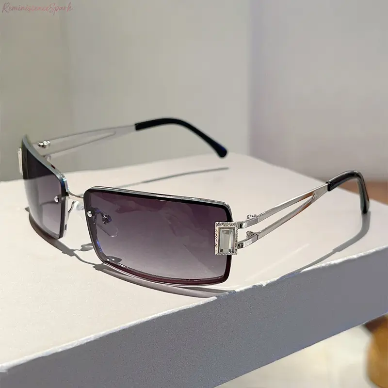 2026 New Rimless Rectangle Sunglasses with Rhinestone Detail, UV400 Protection Y2K Aesthetic Shades, High-End Statement Eyewear for Street Style, Parties, Photo Shoots and Vacation