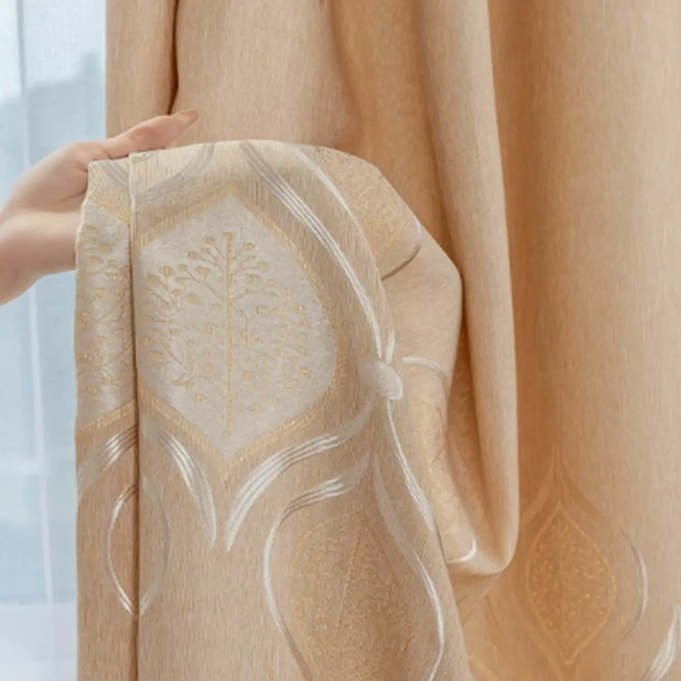 1pc Creamy Champagne Color Curtains, Elegant Jacquard Craftsmanship, Insulating Sunscreen, Cozy Atmosphere, Bedroom Living Room Balcony Use