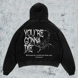 YOU'RE GONNA DIE Scorpion Hoodie Unisex Oversized Vintage Washed Heavyweight Grunge Streetwear with Dropped Shoulders Kangaroo Pocket Y2K Style