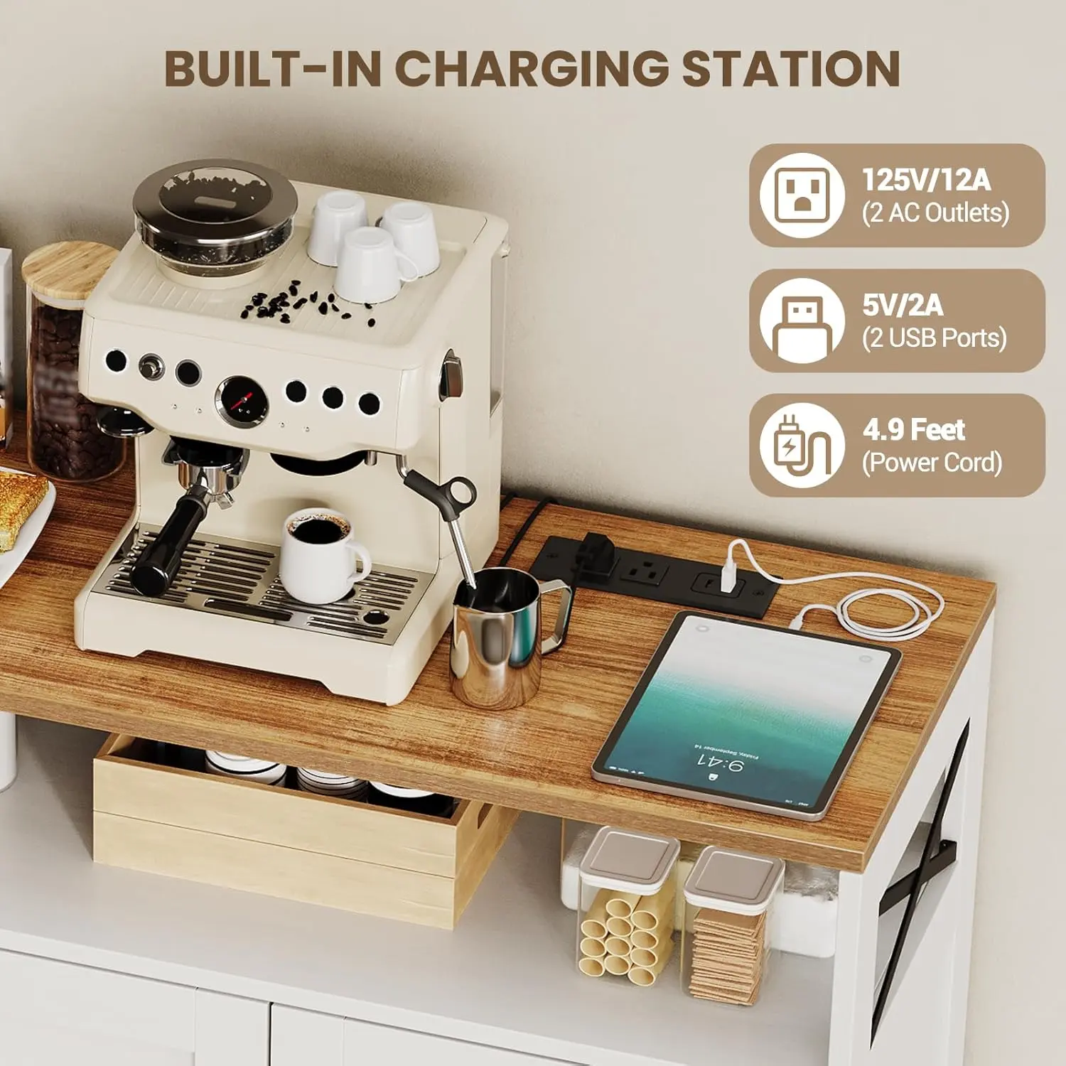 Gaomon Rustic Farmhouse Wooden Storage Buffet Sideboard Cabinet (47in) with Barn Doors, Open Shelf, Drawers, USB Ports, AC Outlets, 275lbs Load Capacity, Display Hutch, Weight-Rated Top, White Home Organizer for Kitchen