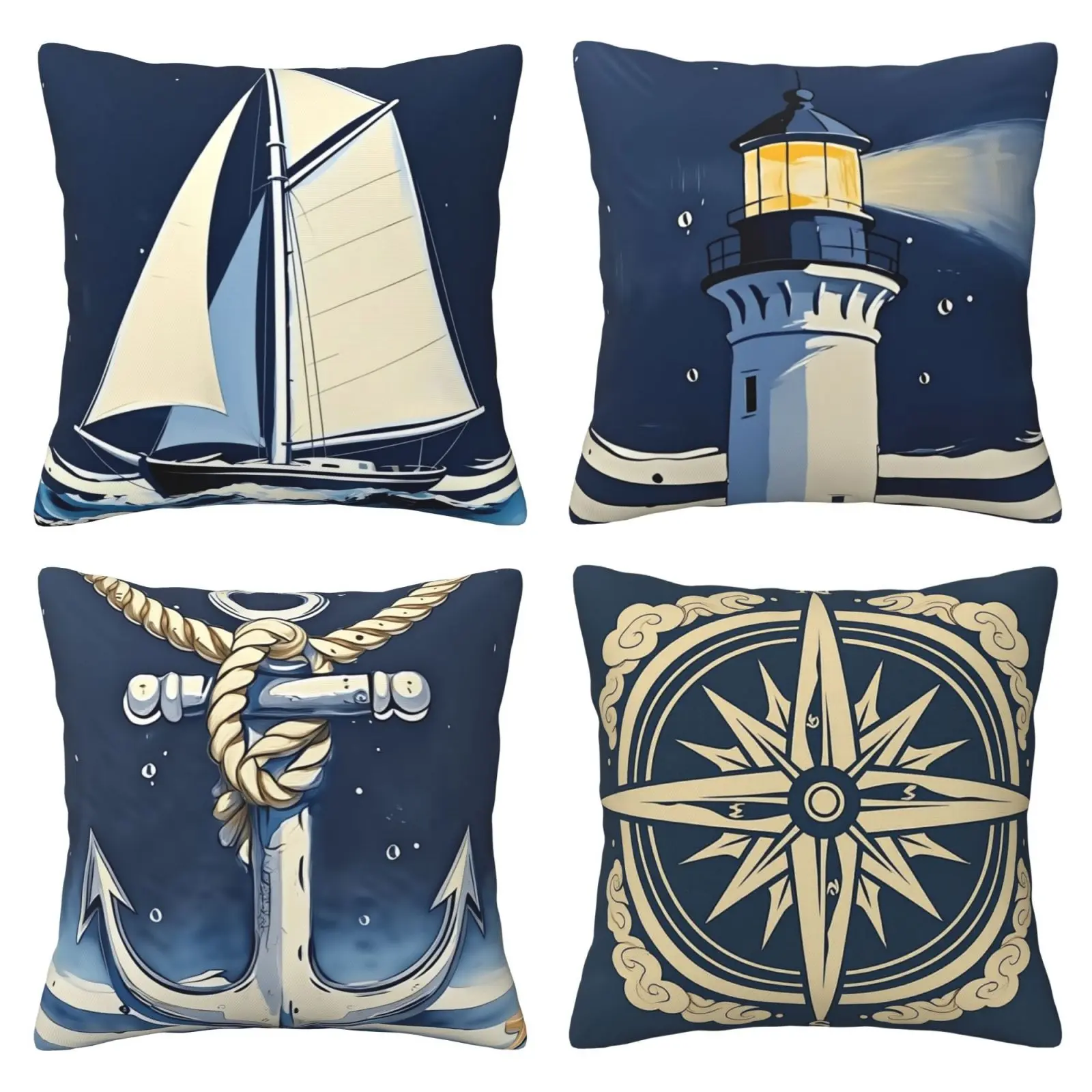 Navy blue sailing style pillowcase, decorative square pillowcase cover, suitable for cushion decoration in sofas, benches, farmhouses, outdoor living rooms, cars and other places, 4-piece set with double-sided printing