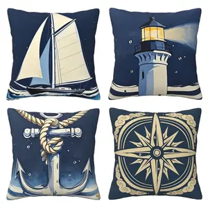 Navy blue sailing style pillowcase, decorative square pillowcase cover, suitable for cushion decoration in sofas, benches, farmhouses, outdoor living rooms, cars and other places, 4-piece set with double-sided printing