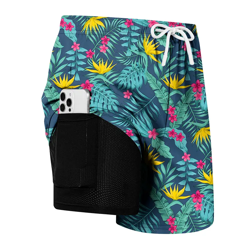 Men's 2 in 1 Workout Gym Shorts, Quick Dry Tropical Floral Print Athletic Running Shorts with Built-In Compression Liner, Zipper Phone Pocket & Drawstring Waist, Multi-Purpose Swim Training Board Shorts