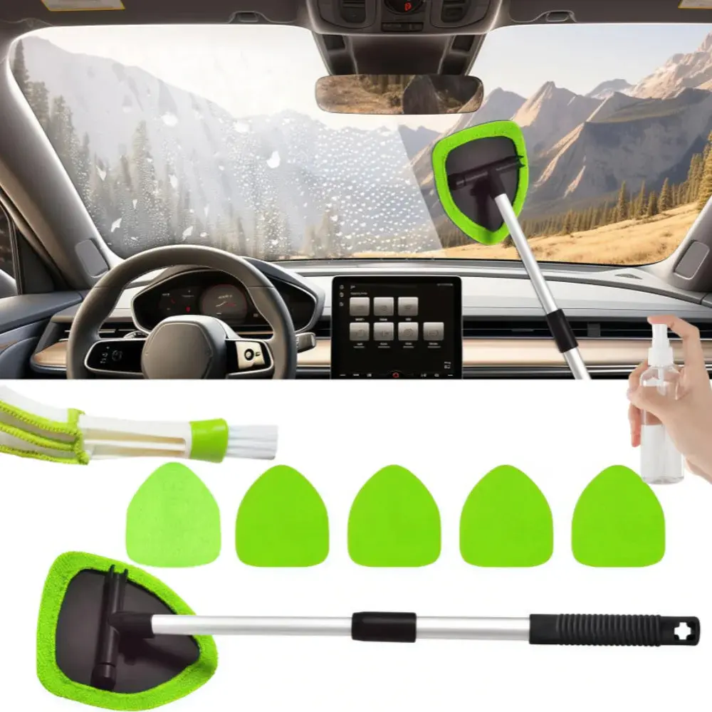 9 Pcs/set Windshield Cleaner Tool – Upgrade Large Head Car Interior&Exterior Window Cleaning Kit with Extendable Handle & 6 Microfiber Pads, Auto Wiper Brush for Car, Trucks, SUVs, RVs & Home