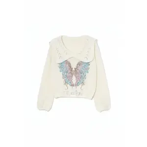 TCH -26 Spring New White Gentle Wind Sweet Hot Diamond Wings Doll Neck Loose Knitted Shirt for Women