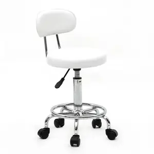 Round Adjustable Salon Stool with Backrest, 360 °   Swivel PU Leather Chair with Anti-Skid Base for Home, Office, Spa, White
