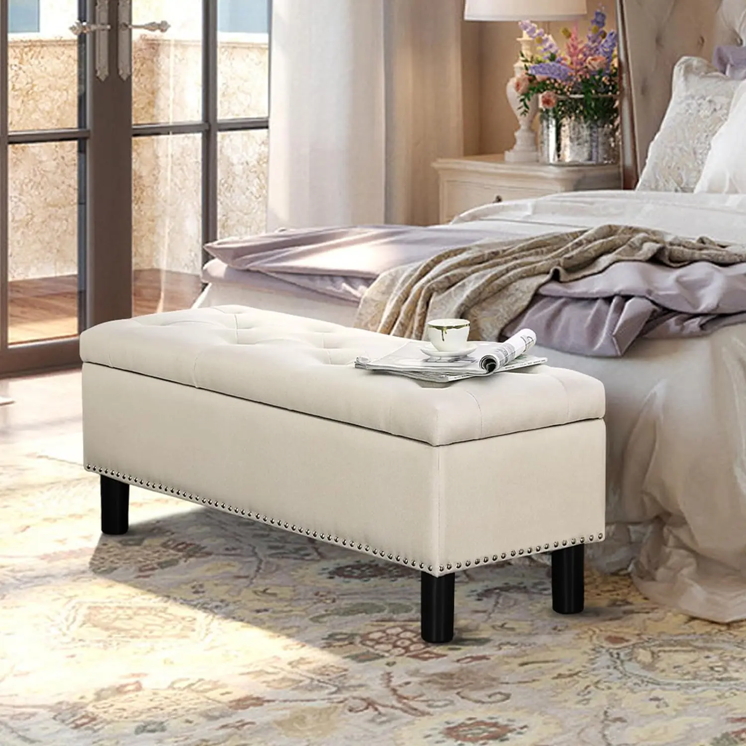 42.5 Inch Storage Ottoman Bench, Flip Top End of Bed Storage Bench, Upholstered Blanket Bench for Bedroom, Entryway, Living Room,