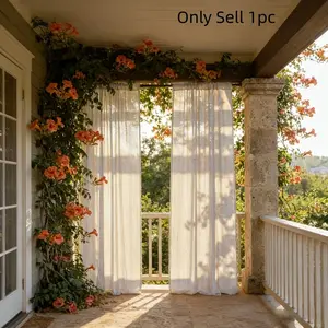 1pc Japanese Style Linen Look Outdoor Curtain, Rod-Pass Design, Privacy Protection, Light Filtering, Vertical Stripes, Easy Installation
