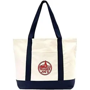 EXZMA Trader Joes Large Tote Shopping Bag Cotton Canvas Embroidered Bag (1), Navy Blue