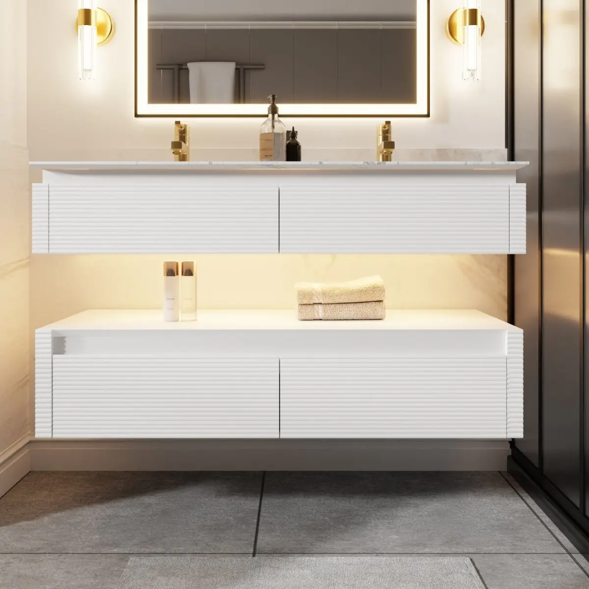 Segeo 48" Modern Solid Oak Floating Cabinets Bathroom Vanity with Lights and Artificial Stone Countertop, Dual Basins