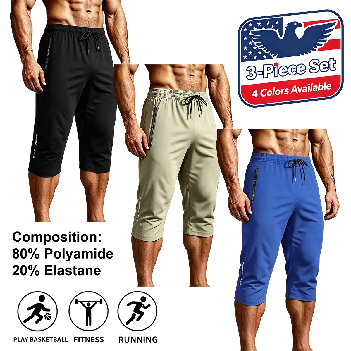 Men's 3-Pack Loose-Fit Nylon Blend 3/4 Capri Pants - Athletic Drawstring Joggers with Zip Pocket for Muscular Legs, Gym Lifting, Running, Male Capri Pants