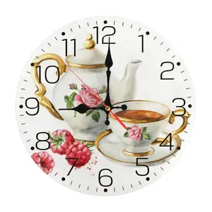 12 Inch Watercolor Tea Time Wall Clock| Silent Sweep Movement Rose Floral & Raspberry Design, Battery Not Included, Ideal for Farmhouse, Cottage, Home Office