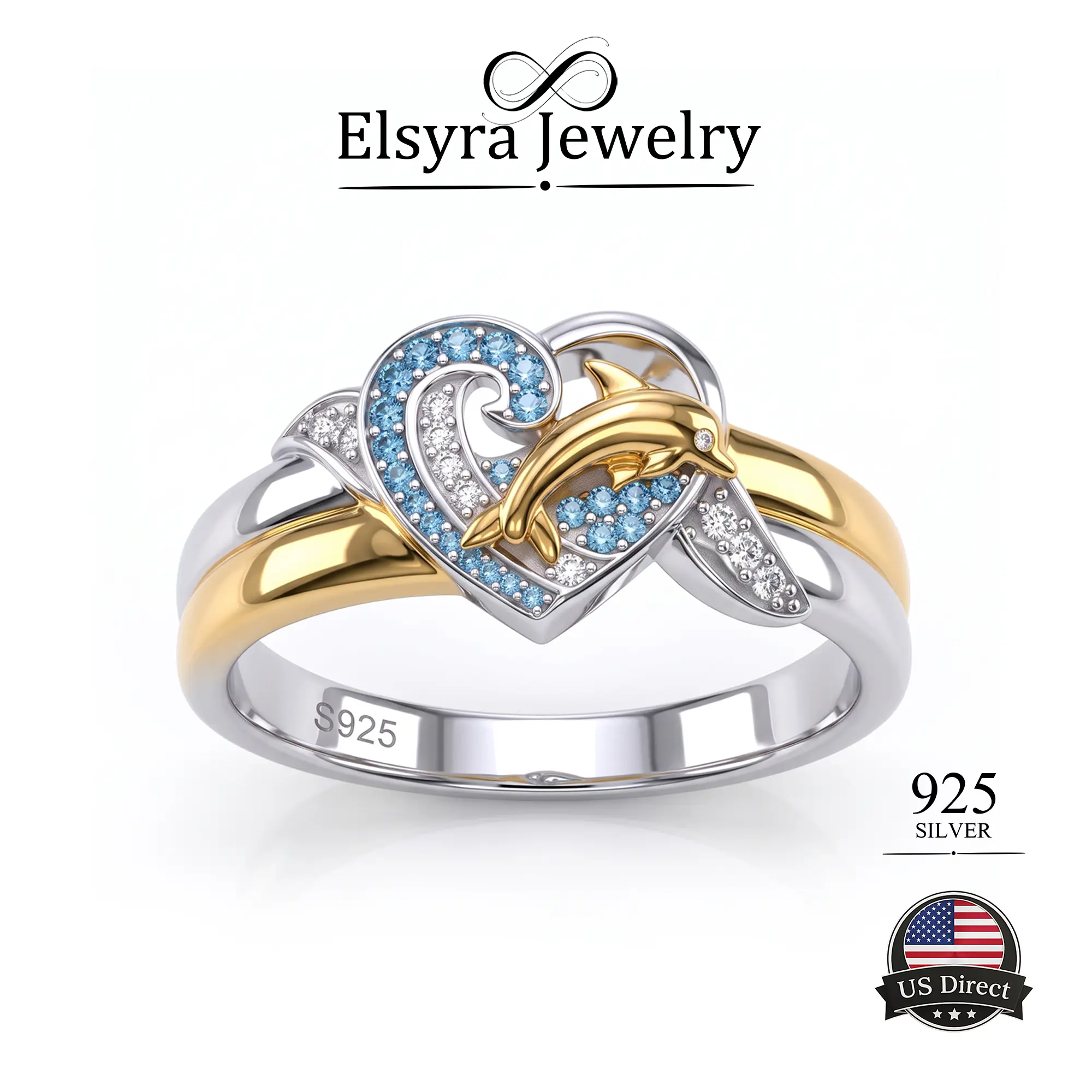 ELSYRA S925 Sterling Silver Simulated Gems Dolphin&Heart Ring - Female Adults' Classic Beach Jewelry, Timeless Elegant Piece for Wedding/Anniversary Celebrations
