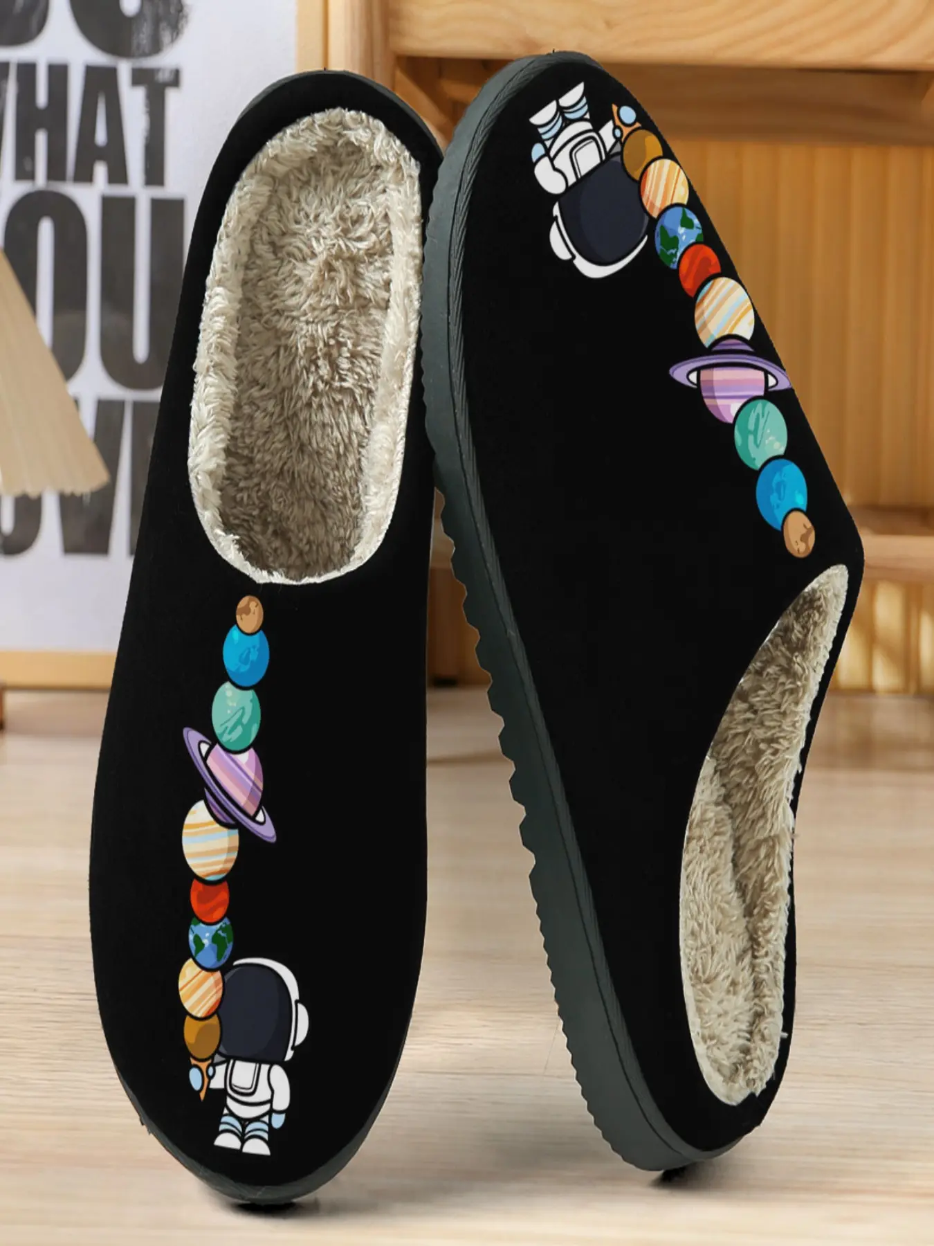 Dreamy Astronaut Cotton Slippers, Bottom with Planet Illustrations, Plush Lining, Casual Homewear, House Slippers for Space Enthusiasts