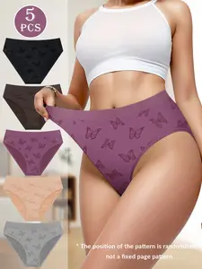 5Pcs Women luck meey Underwear - Breathable Comfort Seamless Panties with Butterfly Letter Print, High Elasticity No VPL, Everyday Wear (Assorted Colors, S-XXL)，thong Feminine Smooth Stretchy Check Fabric Soft Womenswear Cotton